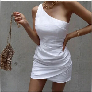 SOLD RUNAWAY Tighan One Shoulder White Mini Dress-Large